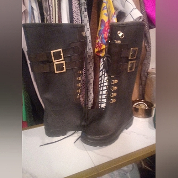 Tory Burch Goth Tall calf length rubber rain combat boots black gold lace up - Picture 1 of 15